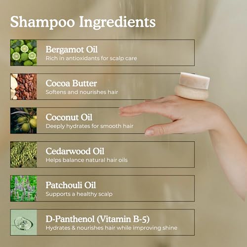 Shampoo & Conditioner Bar Set | Cedar + Patchouli | With Travel Container and Cedar Tray | Natural Salon Quality Shampoo, Zero Waste & Plastic Free