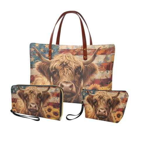 3PCS Tote Bag with Wallet, Purse and Wallet Set for Women Large Top Handle Purse Casual Satchel Handbag