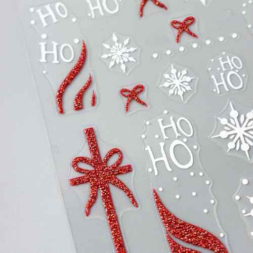 Christmas Gift Bow Nail Art Stickers, Santa Hat Elk Snowflake Design, 3D Self-Adhesive Glitter French Nail Tip Winter Holiday Nail Decals for Women (5 Sheets)