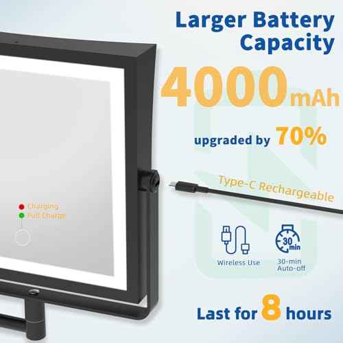 Ruacq Rechargeable Wall Mounted Makeup Mirror with Lights, Double Sided 1X/10X Magnifying Vanity Mirror with 3 Color Lighting, Touch Screen Dimmable, 360¡Æ Rotation Extension Foldable Arm(Matte Black)