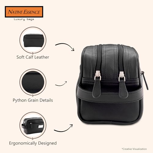 Leather Toiletry Bag, Black Genuine Calf Leather Travel Bag, Handmade DOPP Kit for Travel, Cosmetic Pouch, Luxury Shaving Bag, Bathroom Organizer, Stylish Grooming Kit for Men and Women Gift Packed