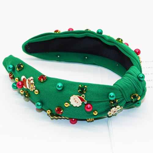 Christmas Green Headband for Women Girls Knotted Headband Red Green Pearl Rhinestone Wide Top Knot Headpiece Holiday Hair Accessories Dress Outfits Gifts