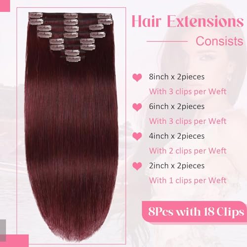 Clip in Hair Extensions Real Human Hair 3.9oz/110g Clip ins 100% Brazilian Remy Human Hair Extension for Women 8pcs Per Set with 18 Clips Double Weft (22 Inch #99J Burgundy)