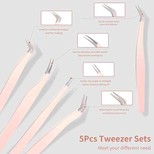 5 Pcs Lash Extension Tweezers, Lash Tweezers for Eyelash Extension, Straight and Curved Eyelash Tweezers, For Professional Eyelash Extension Artists, Girls, Women, Beginners