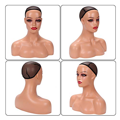 Realistic Female Mannequin Head with Shoulder for Display - Manikin Head with Shoulder for Wig/Jewelry/Makeup/Hat/Sunglass Display (Light Brown)