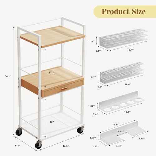 Makeup Organizer Cart with Wooden Drawer, 2-in-1 Floor Skincare Organizers with Jewelry Storage, 16.5'' L x 11.8'' W x 34.2'' H Large Make Up Organizers Vanity Organizer for Skin Care Hair Tool