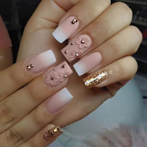 Medium Square False Nails Daisy Press on Nails Gradient Fake Nails Glitter Stick on Nails for Women and Girls 24PCS