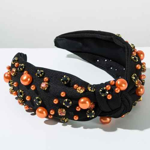 Halloween knotted Headband for Women Fashion Black Rhinestone Pearl Headband Hair Accessory, Costume Party Outfits Gifts