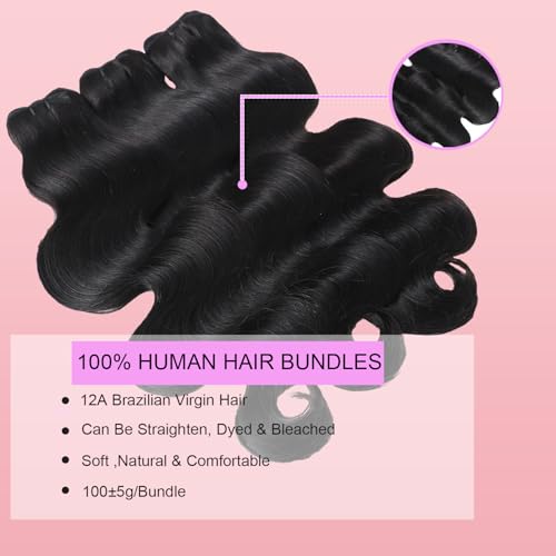 12A Body Wave Bundles Human Hair 16 18 20 Inch Human Hair Bundles 100% Unprocessed Brazilian Virgin Hair 3 Bundles Weave for Women Natural Color