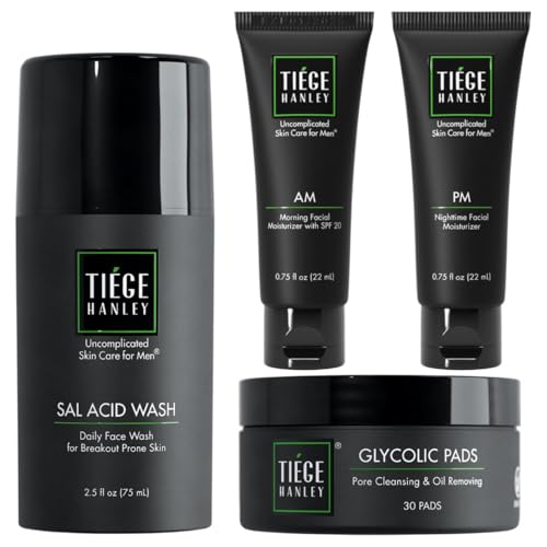 Tiege Hanley Skin Care Set for Men, Essential Routine for Oily & Combination Skin, Level 1 System With Salicylic Acid Face Wash, Glycolic Pads, AM SPF & PM Moisturizers, Men¡¯s Skin Care, 4 Piece Kit