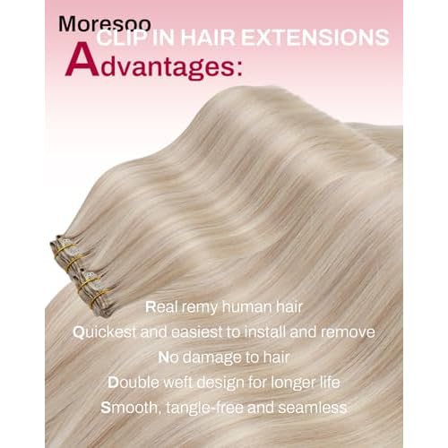 Moresoo Seamless Clip in Hair Extensions Human Hair Blonde Highlight Remy PU Weft Human Hair Clip in Extensions for Women Cool Ash Brown with Bleach Blonde with A Hint of Pink 7pcs 120g 20Inch