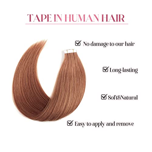 Sixstarhair Medium Auburn Tape in Hair Extensions Human Hair 50g Tape in Hair Extensions with Double Sided Tape [Color 30 Medium Auburn 22inch]