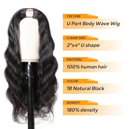 U Part Human Hair Wig Body Wave Drawstring Wig 180% Density U Part Wig Brazilian Virgin Human Hair wigs for Women Full Head Clip in Half Wigs Glueless No Leave Out Lace Front Wig Natural Color 14inch