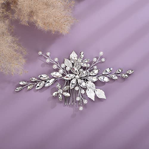 Teyglen Silver Flower Leaf Headpiece Crystal Bridal Wedding Hair Comb for Women Bride Girls (Silver, 15*7cm/5.9*2.75inch, Alloy+Rhinestones + Crystal+Imitation pearls, 1 Count)