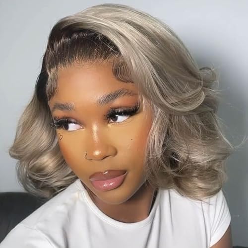 200% Density Ombre Ash Blonde Lace Front Bob Wig Human Hair Body Wave 13x4 Thicker Ombre Brown Roots with Grey Ash Blonde Short Bob Wig Pre Plucked with Baby Hair for Women 12 Inch