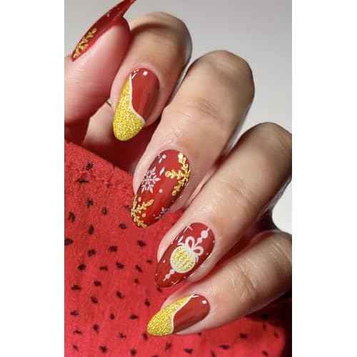 JMEOWIO Gel Nail Stickers Christmas Snowflake Glitter Red Semi Cured Gel Nail Strips Wraps UV/LED Nails Art Design Decoration Accessories