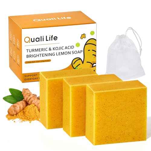 Turmeric Soap For Dark Spot - Kojic Acid Soap Bar with Vitamin C for Face & Body, Natural Ingredients Handmade Soaps for Brightening & Moisturizing, 3 Bars