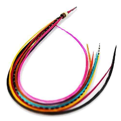 Feather Hair Extension ? Rainbow Mix, Eight Real Rooster Feathers, All Bonded at the Tip, Ranging From 8 to 11 Inches in Length, One Extension