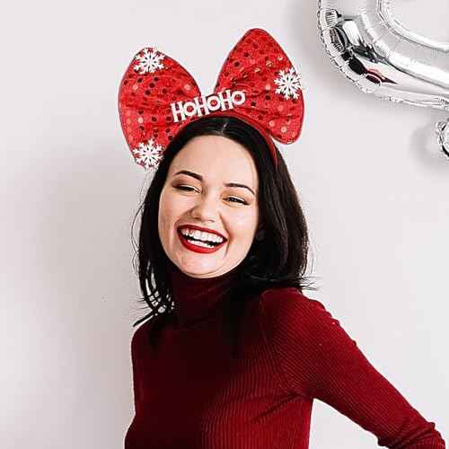 Red Bow Headband Red Glitter Bowknot Christmas Headbands for Women Girls Sequin Bow Headband Snowflake Hairband Red Hair Hoop Winter Hair Accessories for Christmas Party Gift 1PCS, One Size Fits Most