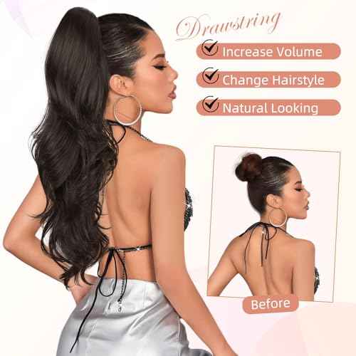 BOGSEA Ponytail Extension 26 Inch Drawstring Ponytail Extension for Women Long Wavy Hair Extensions for Daily Use(1B)