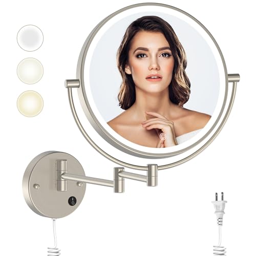 Rocollos 9" Plug-in Wall Mounted Lighted Makeup Mirror 1X/10X Magnification, Super Large Double Sided LED Vanity Mirror for Bathroom, 3 Color Dimmable 360¡ÆSwivel Extendable Shaving Cosmetic Mirror