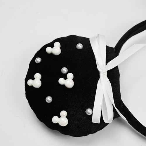3D Black Mouse Ears Headband with Beads Pearls, Satin Bow Hairband Fashion Photogrphy Prop for Women Girls