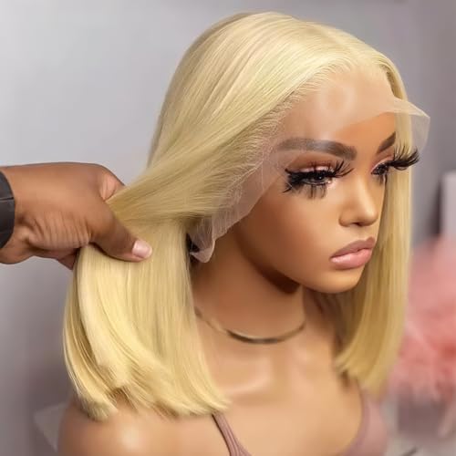 Blonde Bob Wig Human Hair, 613 Straight Bob Wig 100% Human Hair,Glueless 613 UHD Lace Front Wig Human Hair 13x4 Full Lace Wigs Human Hair Pre-Cut 10inch Blonde Brazilian Wig 200% Density