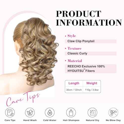 REECHO 12" Ponytail Extension, Classic Loose Curly Wavy Claw Clip Pony tails Hair Extensions Hairpieces for Women - Dark Blonde with Highlights