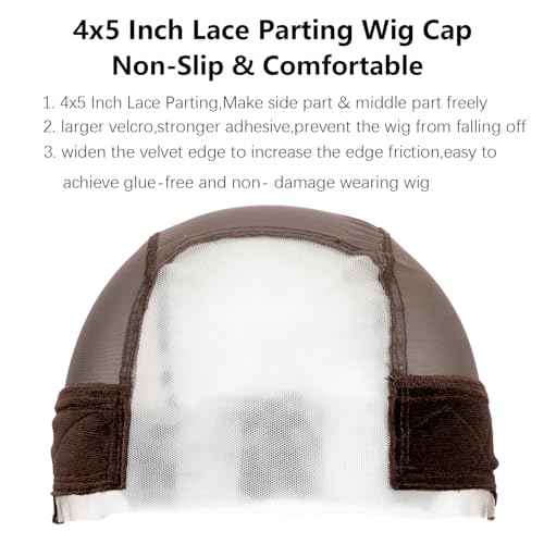 Wig Caps Lace Wig Caps for Women Wig Caps with Grip Band for Keeping Wigs in Place Glueless Wig Grip Cap with 4x5 Transparent Lace Non-Slip Adjustable Elastic Headband (1pcs-brown)