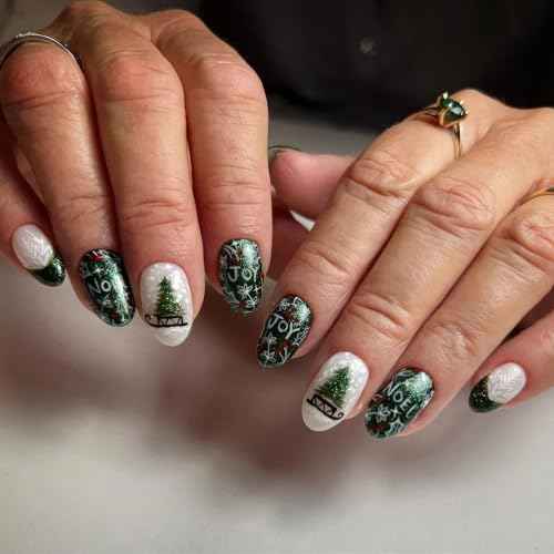 Christmas Green French Tip Press on Nails Short Almond Fake Nails with Snowflake Christmas Tree Sparkly Design Cute Stick on Nails Glue on Nails Glossy Acrylic Nails False Nails for Women 24Pcs