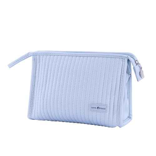 Small Makeup Bag Simple Cosmetic Pouch, Water Resistant PU Striped Leather Portable Travel Toiletry Bag with Handle for Women and Girls (Light Blue)