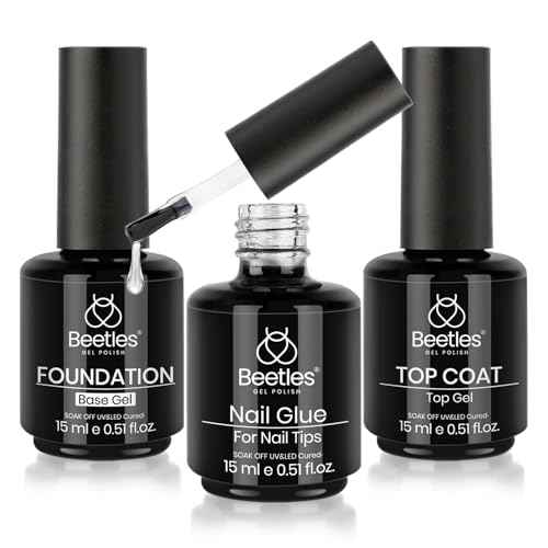Beetles Top Coat Base Gel & Nail Glue Set-3Pcs No Wipe Top Coat Gel Nail Polish & Base Coat with 9 In 1 Nail Glue Shine Effect Long Lasting Soak Off Uv Light Lamp Diy Fall Nail Gifts for Women & Girls