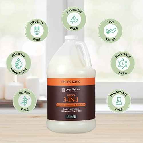 Ginger Lily Farms Botanicals Men's 3-in-1 Shampoo, Conditioner & Body Wash, 100% Vegan & Cruelty-Free, Energizing Scent, 1 Gallon (128 fl oz) Refill