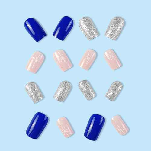 Christmas Short Square Press-On Nails - Blue Full Cover Glue-On With Silver Glitter Pink Snowflake Glossy Artificial Acrylic False Nails for Women Manicure - 24pcs