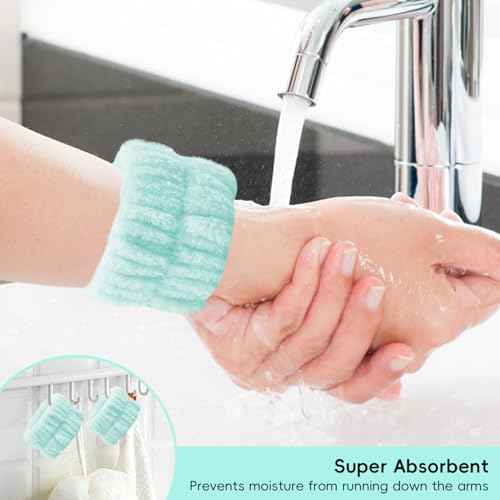 Spa Headband For Washing Face with Hair Clips Wristbands 6PK for Women Girls, Soft-Puffy Velvet Makeup Headbands for Makeup, Skincare (Green)