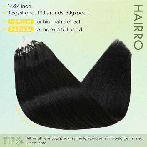 Hairro Microlink Hair Extensions Human Hairo Micro Loop Microbeaded Hair Microlinks Pre Bonded Cold Fusion I Tip Hair For Women 14 inch 50g 100 Strands #01 Dark Black