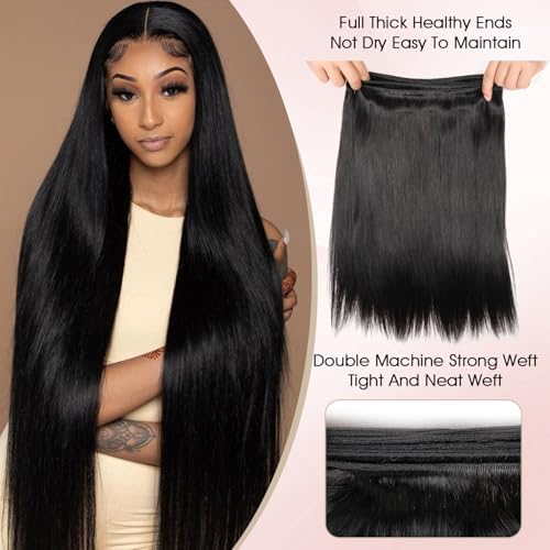 Human Hair Bundles with Frontal Closure (10 12 14 16+10,Free Part), 4 Bundles Human Hair with 13x4 HD Lace Frontal,16A 100% Virgin Brazilian Straight Hair Extensions Double Weft