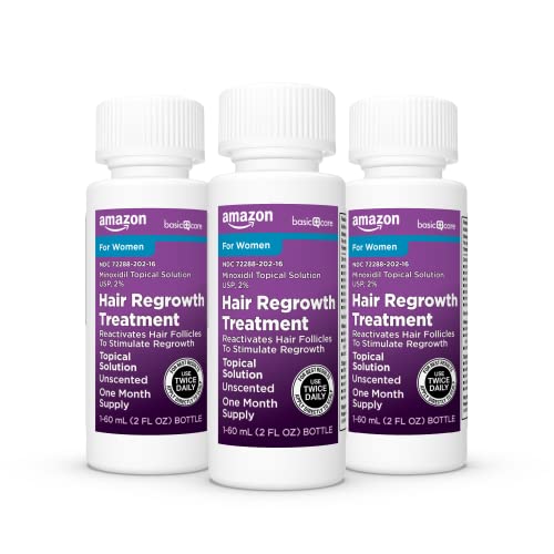Amazon Basic Care Minoxidil Topical Solution USP, 2% Hair Regrowth Treatment for Women, 3-Month Supply, Unscented, 2 fl oz (Pack of 3)