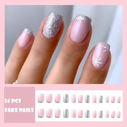 24 Pcs Christmas False Nails Square Snowflake Press on Nails Xmas Square Red Fake nails Acrylic Full Cover Stick on Nails for Women and Girls (M)