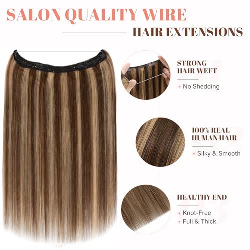 Rich Choices Halo Hair Extensions Real Human Hair Remy Hairs Halo Extension for Women Invisible Wire One Piece Clip in Hairpiece 18 Inch Straight-#4P27 Medium Brown Highlight Dark Blonde