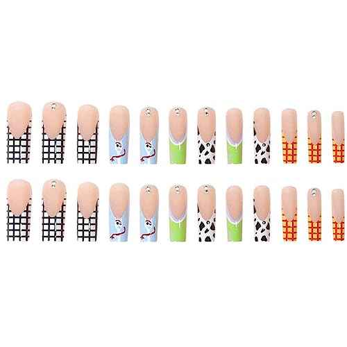 Long Press on Nails Pink Square French Fake Nails Summer Nails Purple Full Cover Bling Acrylic False Rhinestone Nails 3D Flower Design Square Nails for Women and Girls 24PCS (Square Nails 5)