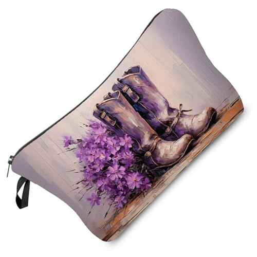 Purple Western Boots Print Makeup Bag Floral Western Cowboy Boots Small Organizer Bag Zipper Pouch Cowboy Style Oil Painting Cosmetic Bag Present for Women Friends