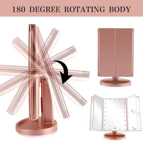 Tri-fold Lighted Vanity Makeup Mirror with 3x/2x Magnification,21 LEDs Light and Touch Screen,180 Degree Free Rotation Countertop Cosmetic Mirror,Travel (Rose Gold)