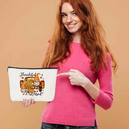 Gnome Gifts Fall Sunflowers Pumpkin Leaves Makeup Bag - Cosmetic Case - Orange, Brown - Waterproof - Travel, Makeup, Toiletry