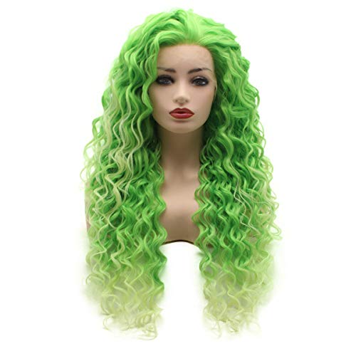 Hair Curly Long 26inch Two Tone Green Ombre Heavy Density Realistic Synthetic Lace Front Wigs