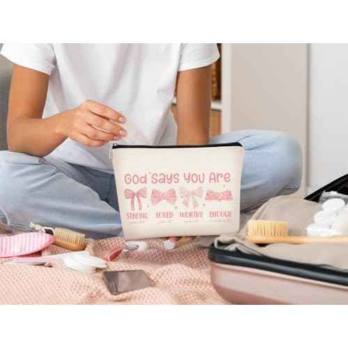 God Says You are Preppy Stuff Pink Coquette Bow Makeup Bag, Coquette Accessories,Christian Gifts for Women, Cute Bag, Trendy Makeup Bag, Preppy Christmas Stuff,Cute Makeup Pouch