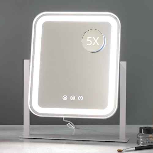 HIEEY Vanity Mirror with Lights, Makeup Mirror with Lights, Three Color Lighting Modes, and 5X Magnification Mirror, Smart Touch Control, 360¡ÆRotation (14.1" x 12" White,Gift Box)