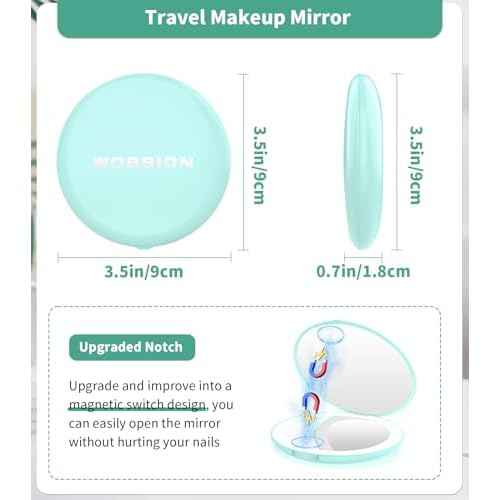 WOBSION LED Lighted Travel Makeup Mirror, 1x/10x Magnification, Compact, Portable for Handbag, Purse, Pocket, 3.5 inch Illuminated, Folding, Handheld, 2-Sided, Round, Cyan