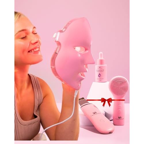 LED Face Mask Light Therapy Premium Spa Kit (4 Pcs) - With Ultrasonic Scrubber, Ultrasonic Brush & Green Tea Serum - 7 Colors (Blue & Red) Light Therapy Mask -Spa Light Therapy Facial For Rejuvenation