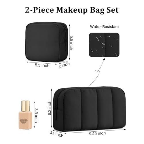 oscaurt 2 Pcs Makeup Bag Travel Toiletry Bag for Women Puffy Padded Cosmetic Pouch Purse Wide-open Makeup Organizer Case Travel Essentials